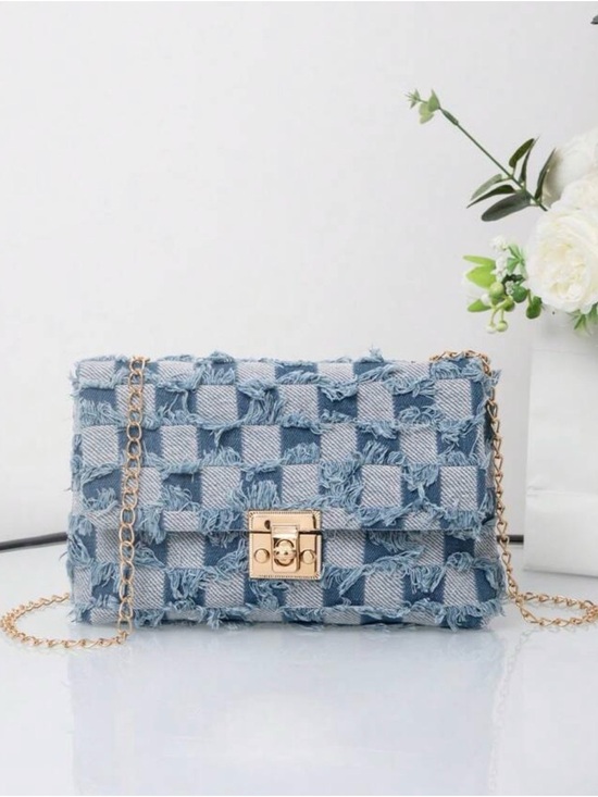 Unbranded Handbags - Frayed Light Blue Woven Denim Crossbody Bag with Gold Chain